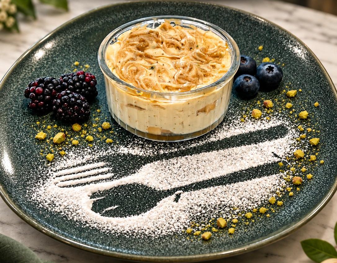 Pistachio tiramisu in a glass dish, with berries and crushed pistachios