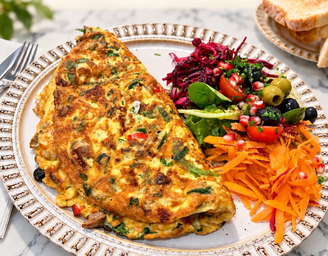 Spanish omelette served with a colourful salad