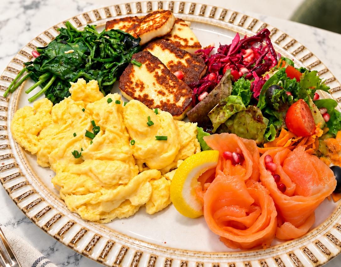 The Scrambler: scrambled eggs, grilled halloumi, smoked salmon, spinach and salad on a plate